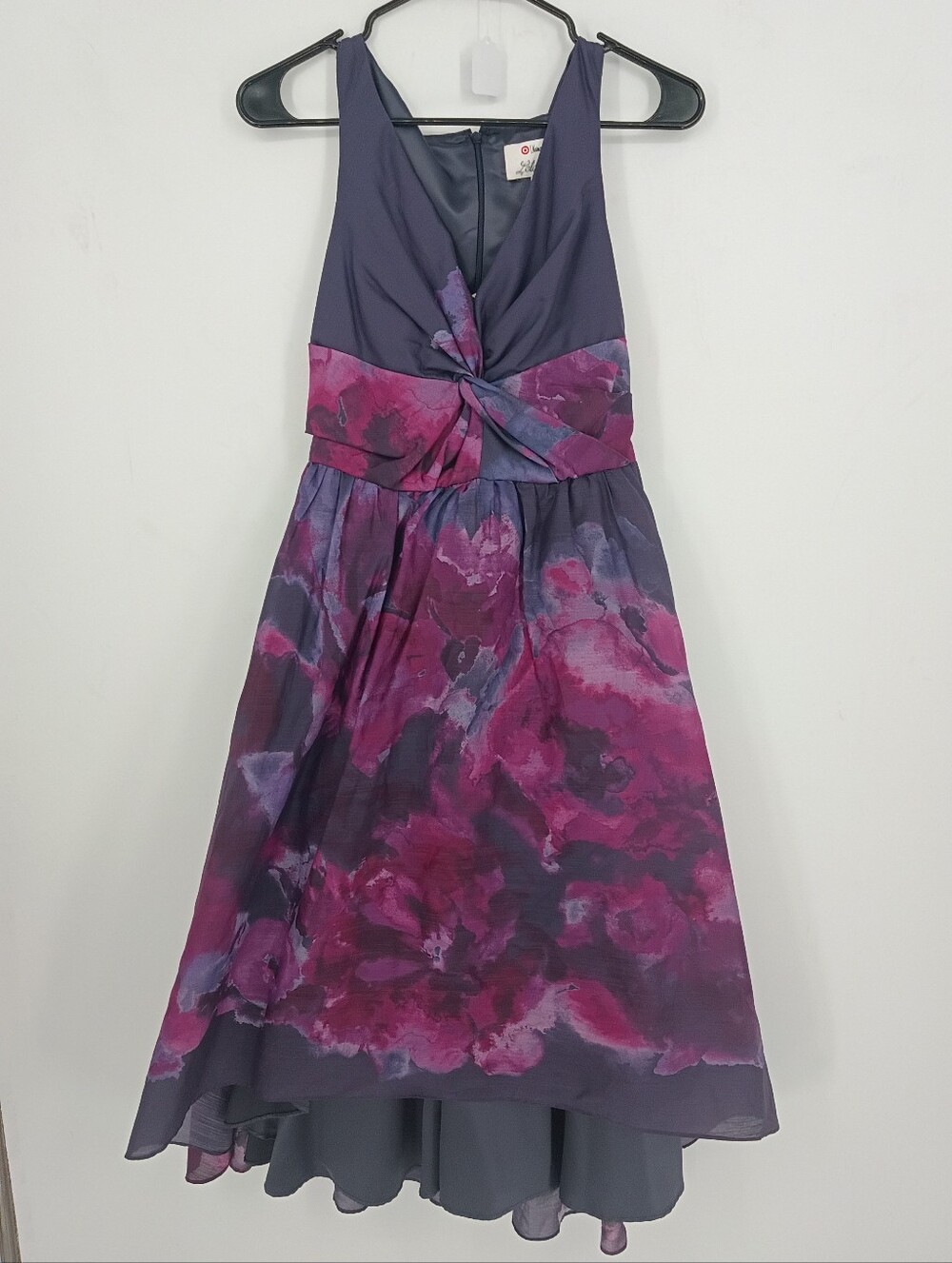 Neiman Marcus Lela Rose Slate Purple Watercolor Floral High Low Dress Bodice